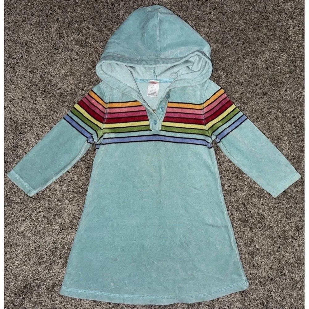 Gymboree Blue‎ Fleece Dress With Hood Rainbow Stripes 2005 Dress Size 3